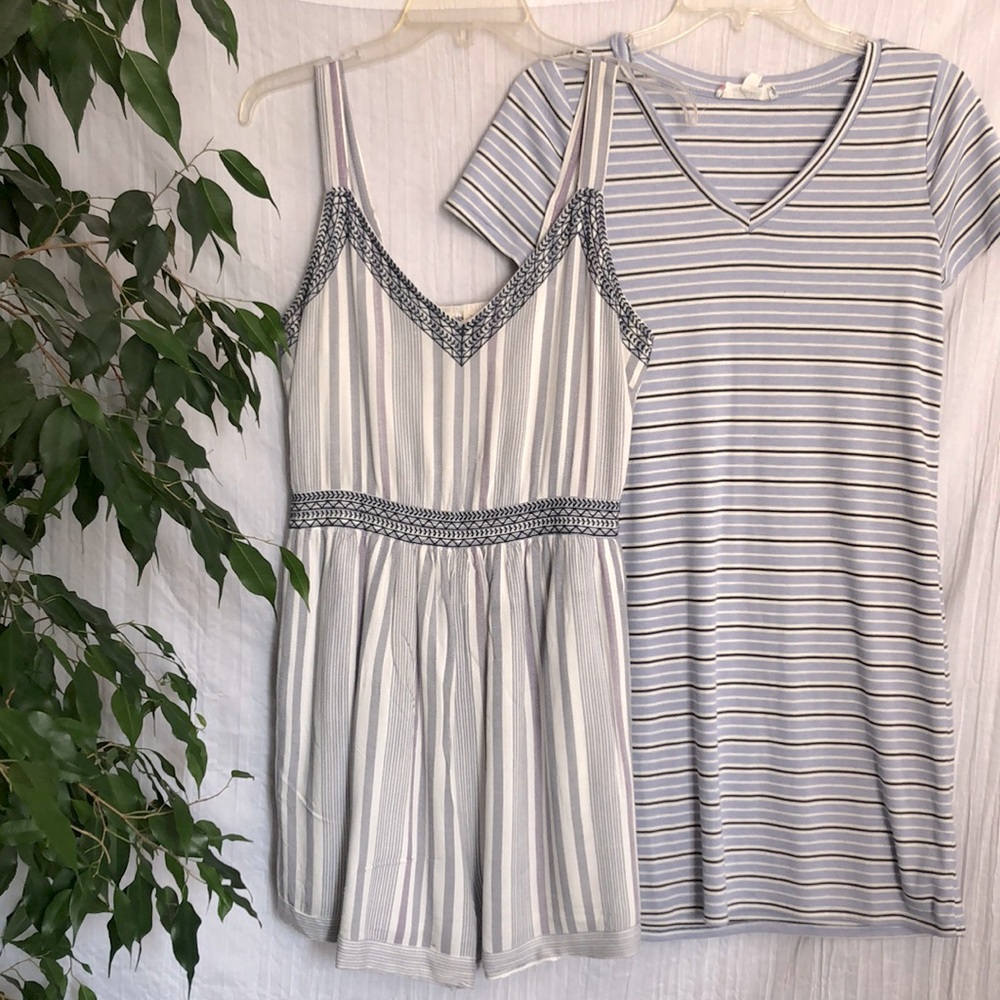 JAPNA casual romper & PINK ROSE short knit dress SZ L in grays & white stripes